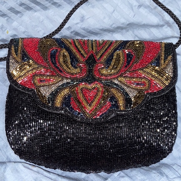EUC Hand Beaded Clutch Purse Evening Bag Cocktail Black & red - Picture 9 of 12